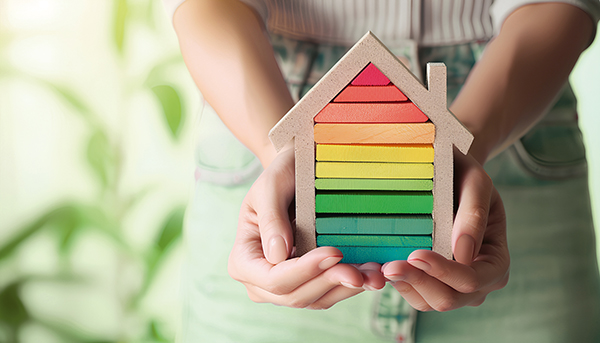 female hands with model house light background concept energy efficiency 1